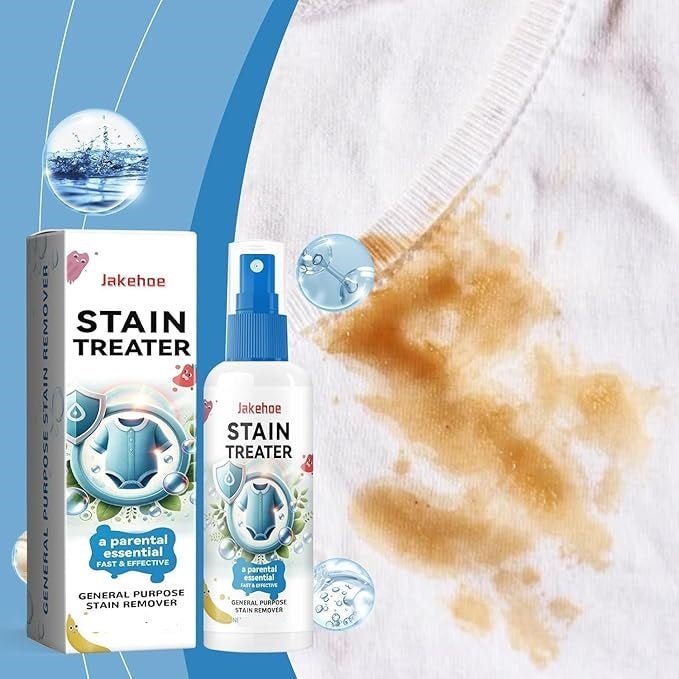 Jakehoe Stain Treater with packaging and a stain on fabric