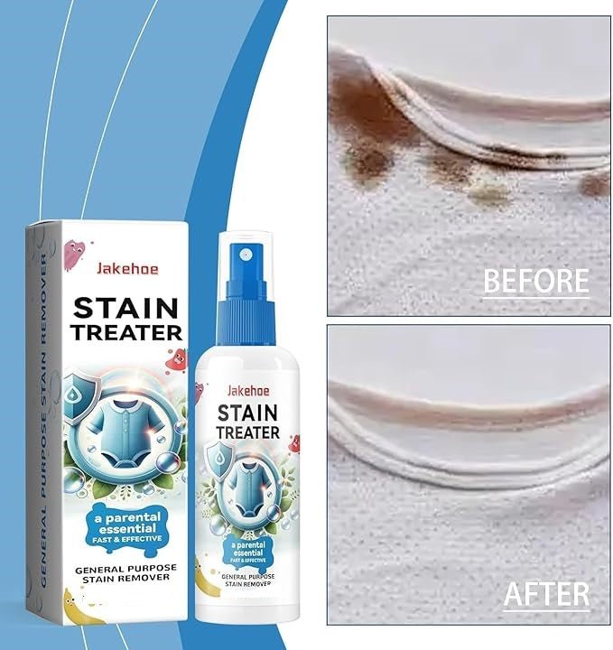 Jakehoe Stain Treater packaging and bottle with 'Before' and 'After' stain removal results on a surface.