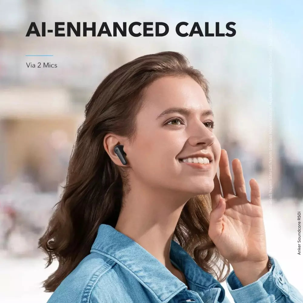 Woman wearing wireless earbuds with 'AI-Enhanced Calls' text on a blurred city street background soundcore r50i true wireless earbuds