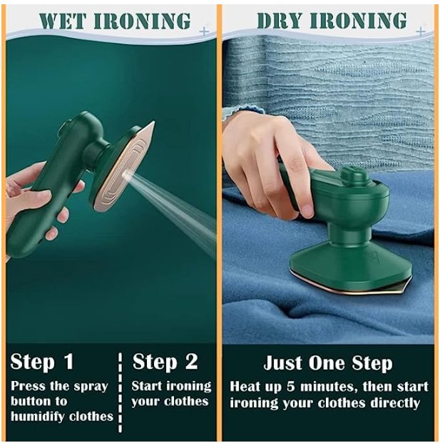 Comparison of wet ironing and dry ironing with a green iron on a dark background. portable mini ironing machine
