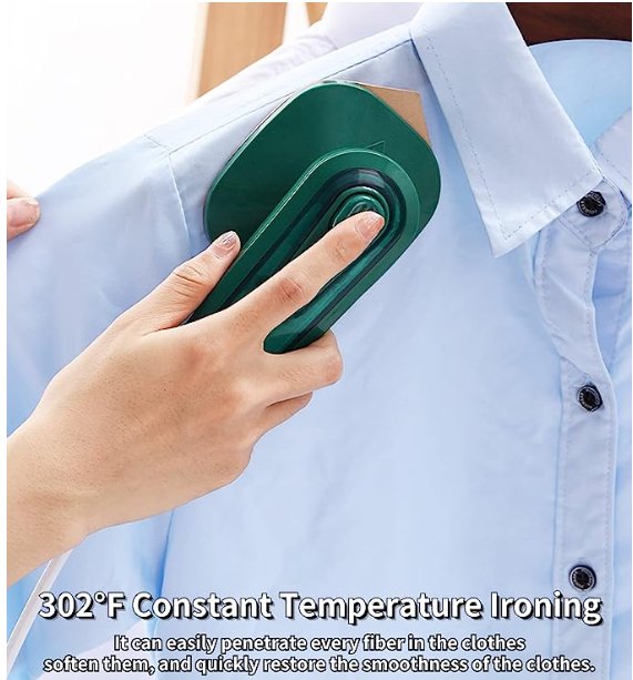 Hand using a green iron on a light blue shirt with text about constant temperature ironing. portable mini ironing machine
