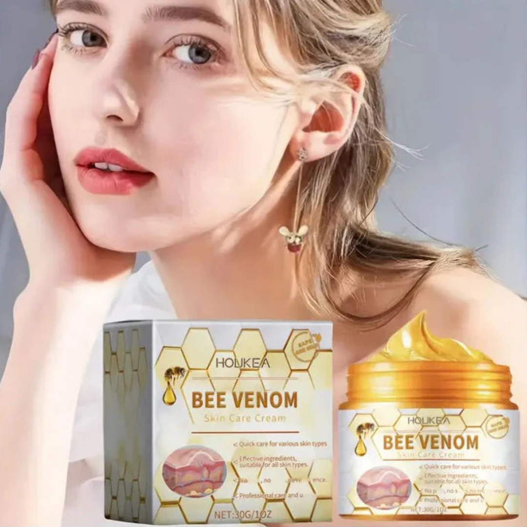 Woman with a jar and box of HOUKEA Bee Venom skincare cream on a gray background HOUKEA - Bee Venom Skin Care Cream