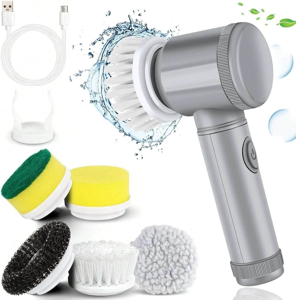 Cleaning tool with various brush heads and a water splash on a white background