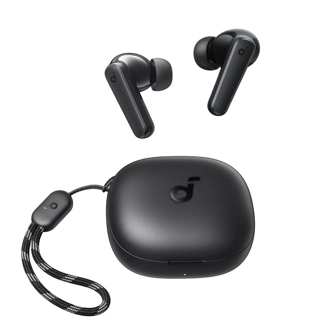 Black wireless earbuds with charging case on a white background soundcore r50i true wireless earbuds