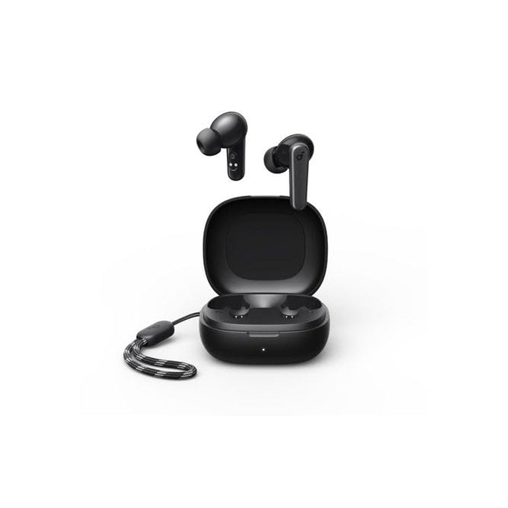 Black wireless earbuds with charging case on a white background soundcore r50i true wireless earbuds