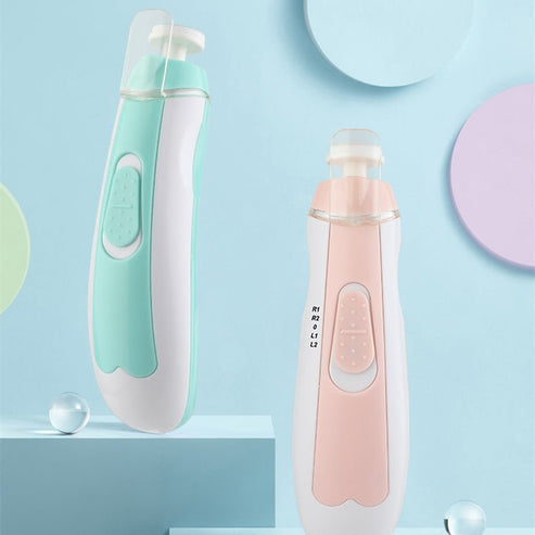 Two electronic devices, one green and one pink, on a light blue background. Baby Electric Nail trimmer
