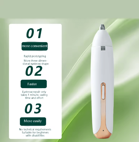 Eyebrow grooming tool with features listed on a green background Hair trimmer