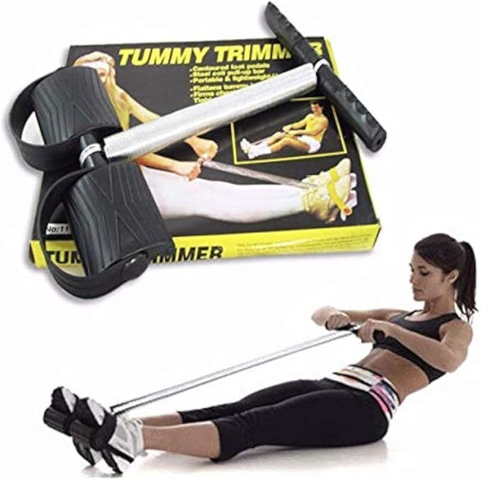 Tummy trimmer exercise tool with packaging and a woman using it.
