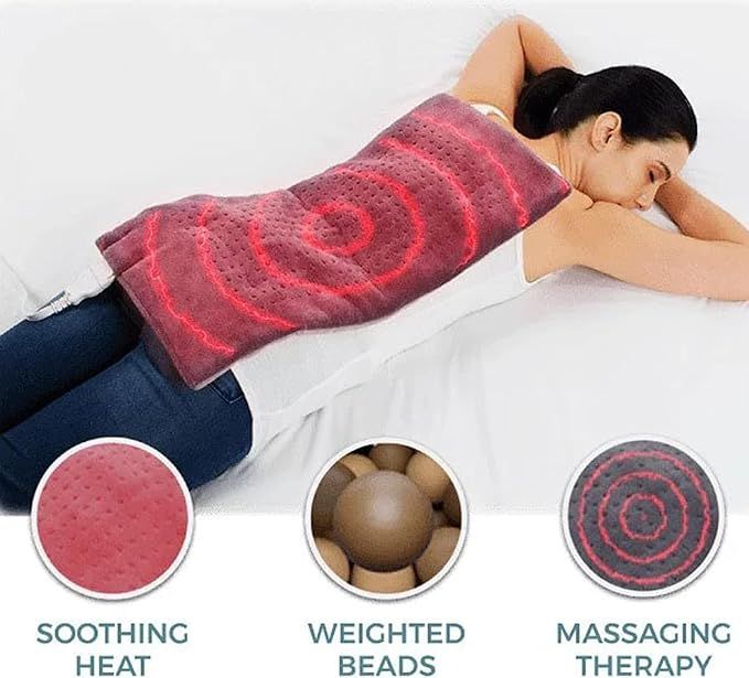 Woman lying on a bed with a heating pad, showing soothing heat, weighted beads, and massaging therapy features.