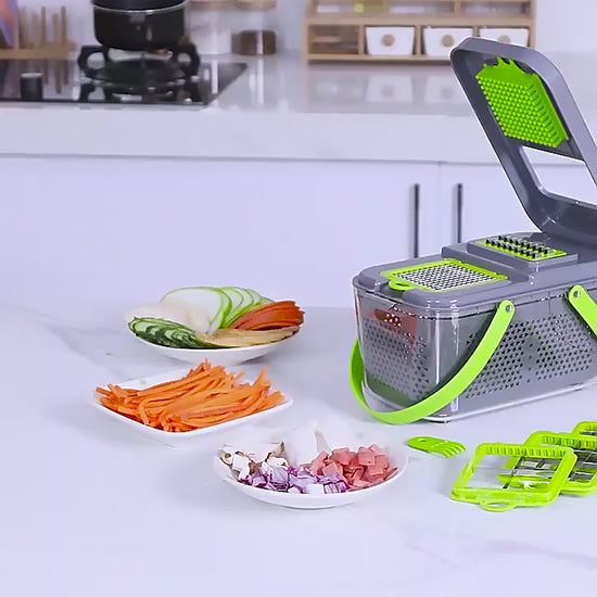 Vegetable chopper with sliced vegetables on a kitchen counter