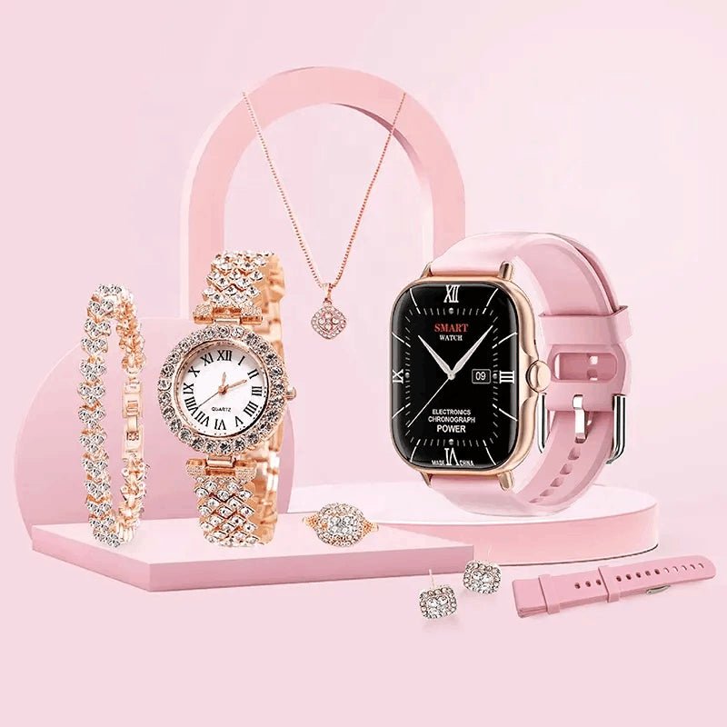 Collection of jewelry including a smartwatch, bracelet, necklace, and earrings on a pink background.