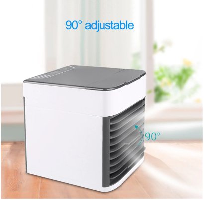 Portable air conditioner fan with adjustable feature on a wooden floor.