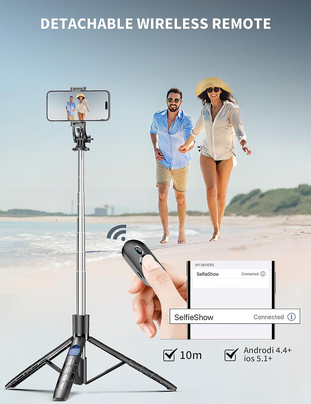 Detachable wireless remote control with smartphone holder on a beach background