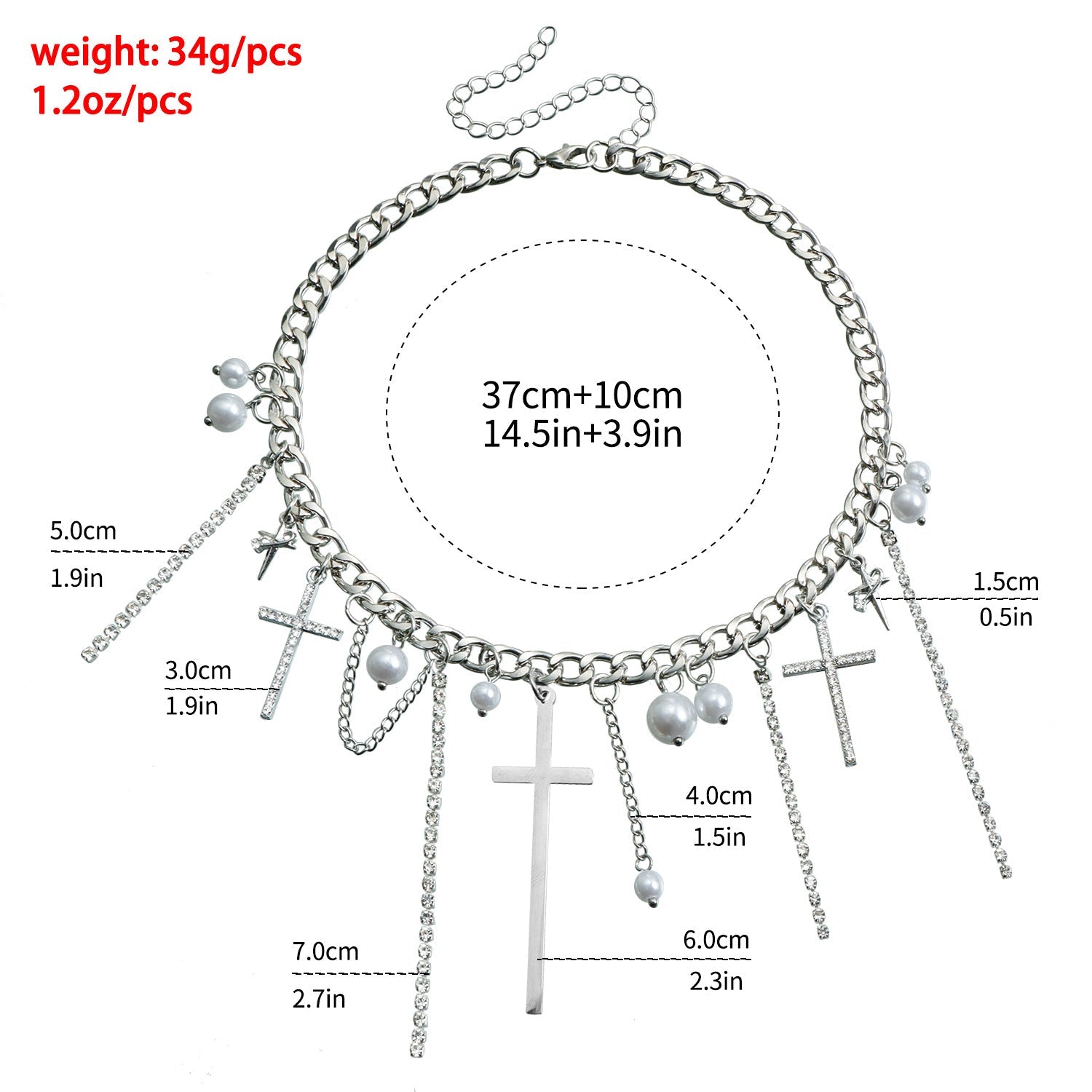 Necklace with cross and pearl charms, showing measurements on a white background