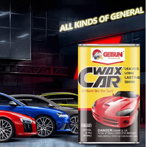 Can of Getsun Wax Car product with cars in the background