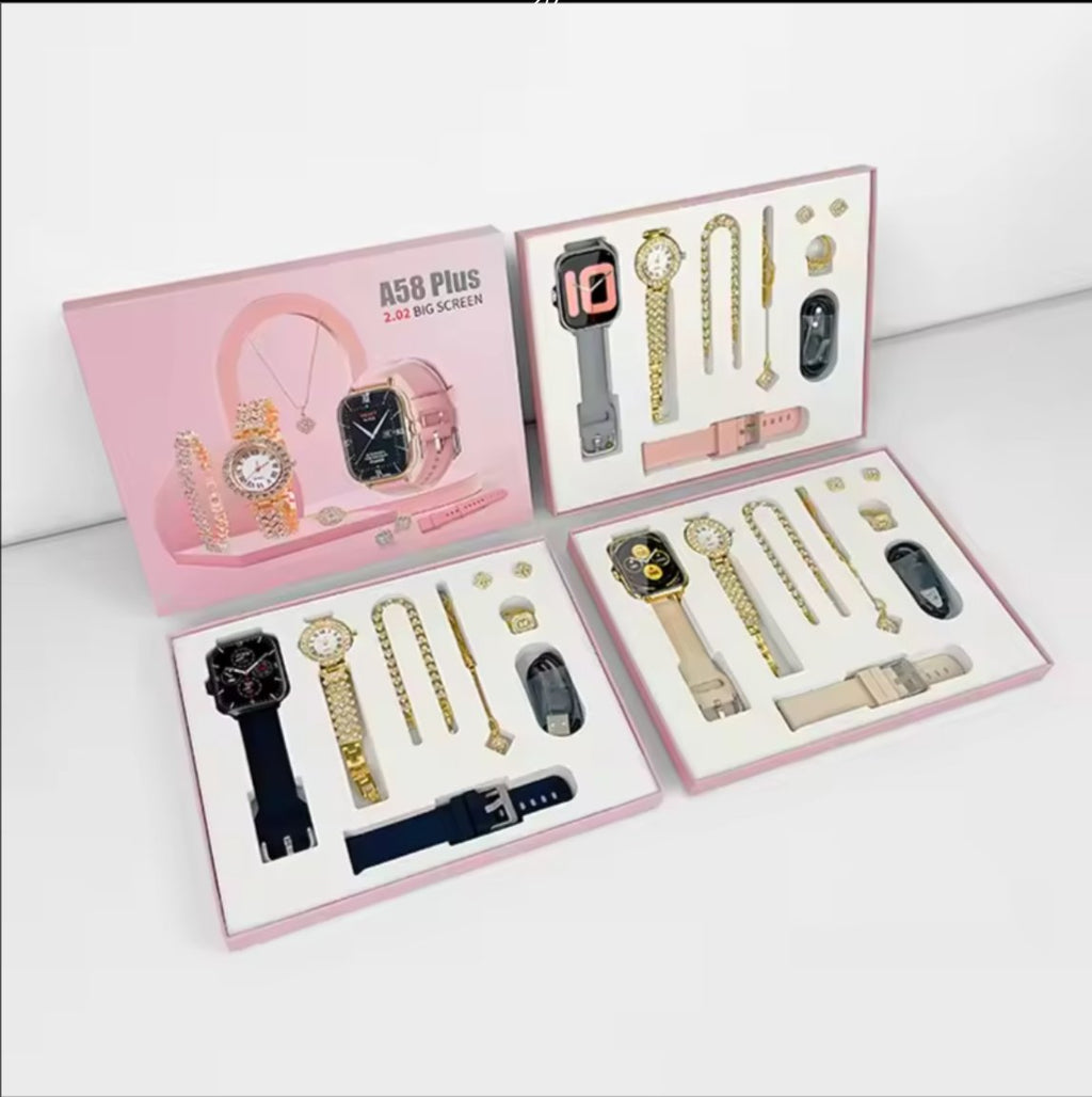 Set of smartwatch bands and accessories in a pink box on a white background