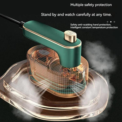 Green handheld device with safety features on a clear stand against a black background Mini ironing machine