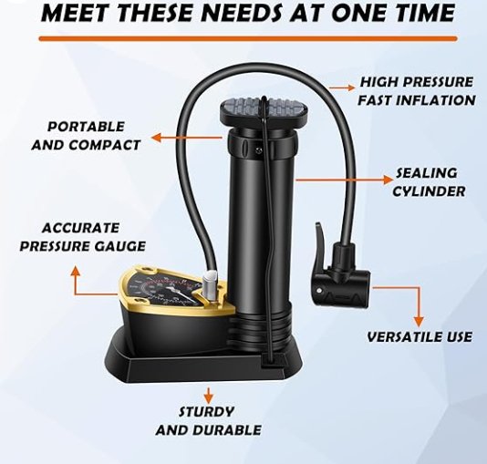 Portable air pump with features highlighted on a light blue car, cycle bike tyrebackground