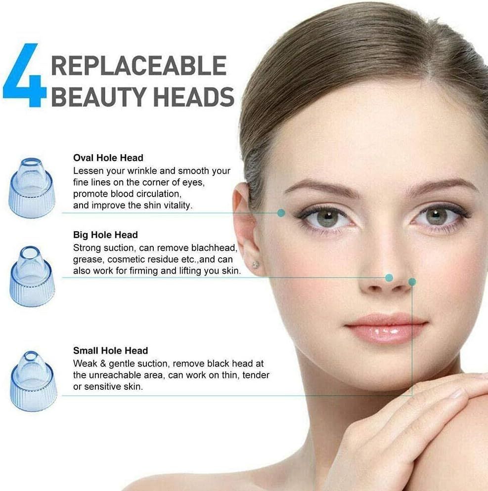 Woman's face with blackhead remover beauty device heads labeled and descriptions on a white background
