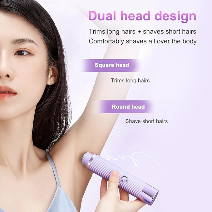 Person using a dual-headed hair removal device with text describing its features. Double Head Electric Shaver