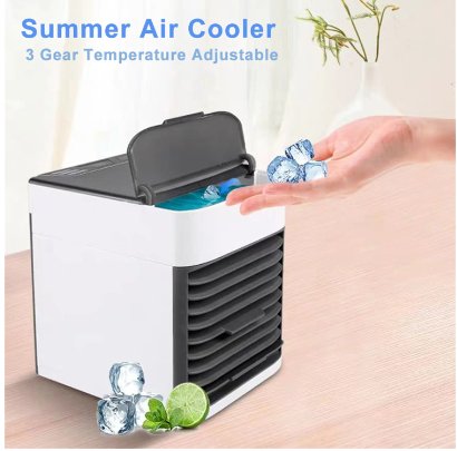 Summer air cooler fan with ice cubes and temperature adjustment text on a light background