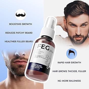 FEG hair growth product with benefits listed and a man with a FEG Hair Spray beard.