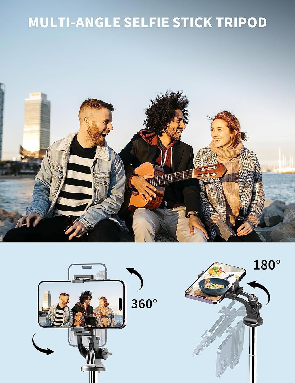 Multi-angle selfie stick tripod with people sitting by a waterfront.