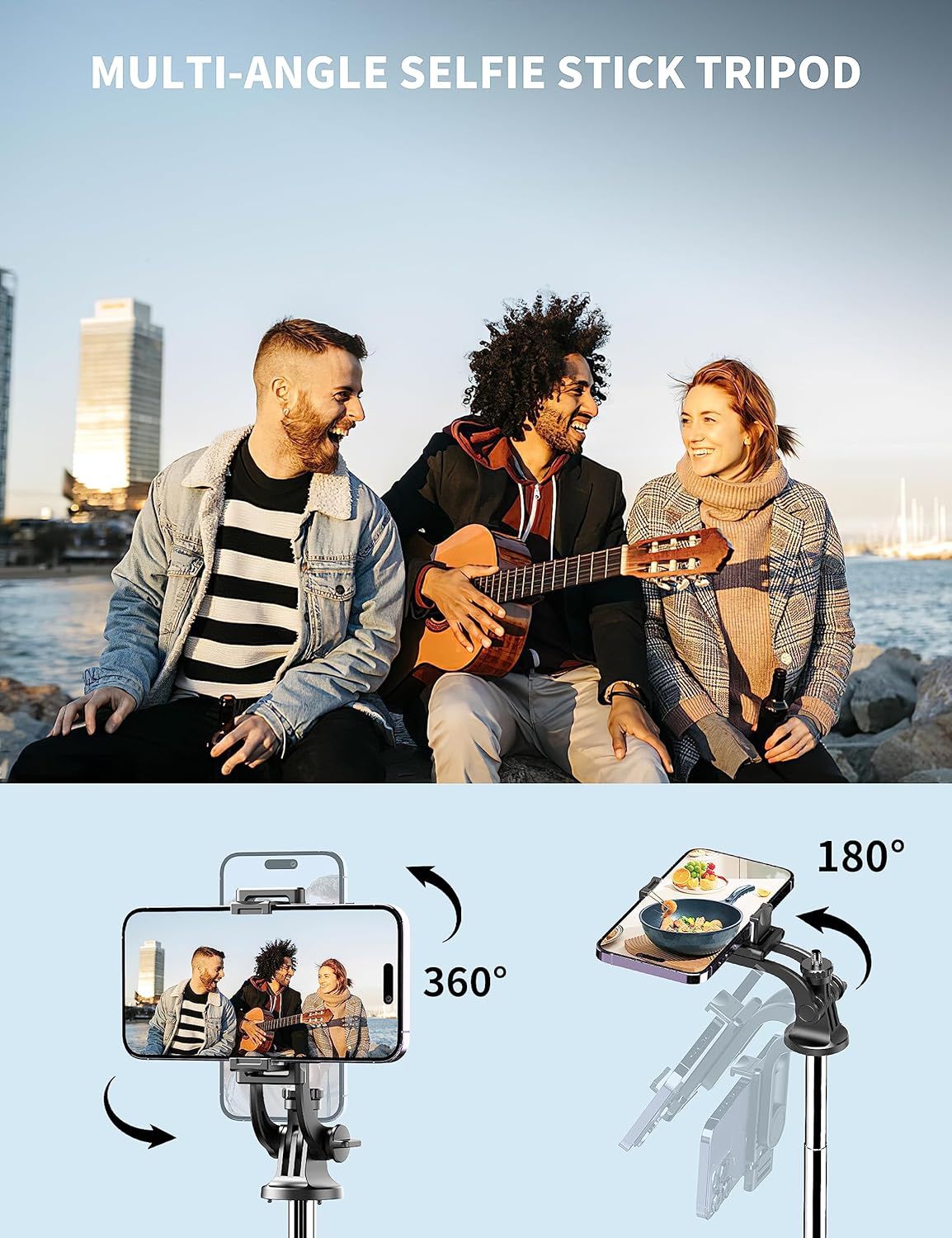 Multi-angle selfie stick tripod with people sitting by a waterfront.