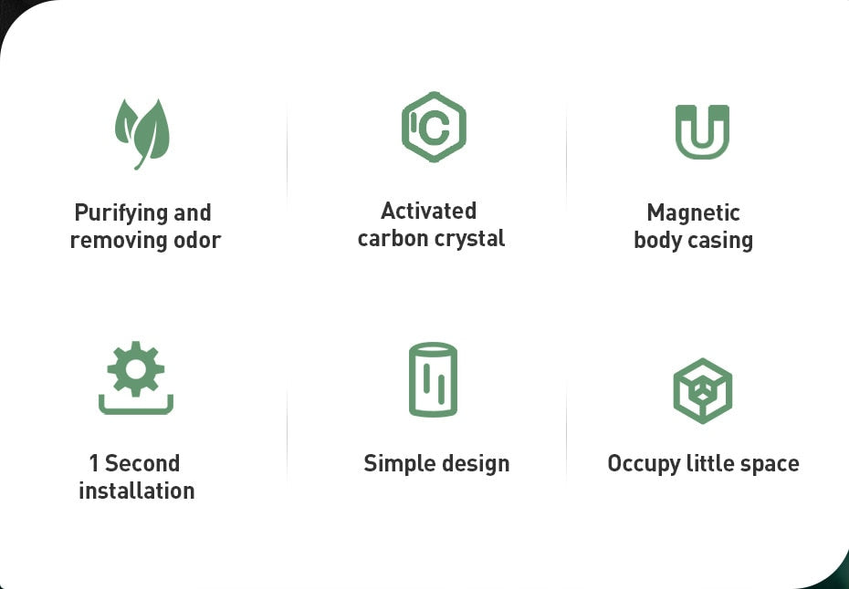 List of features with icons and descriptions on a white background Original Ecological Carbon Package Car Air Purifier