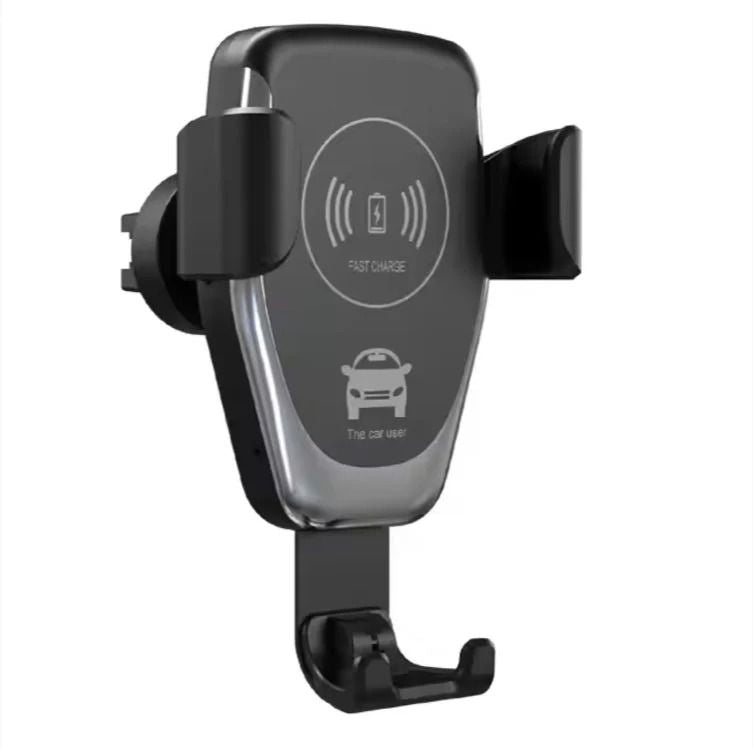 Black car phone holder with wireless charging icon on a white background