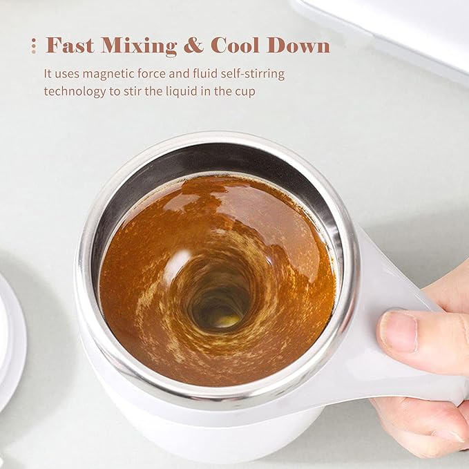 Stirring a liquid in a cup with text about magnetic force and fluid self-stirring technology for Kitchen.