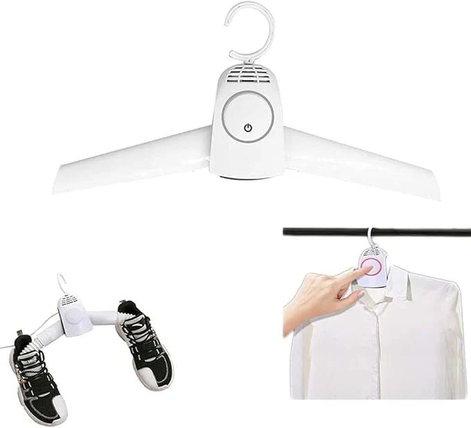 Hanger with built-in dryer and shoes on a white background Home
