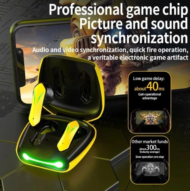 Yellow and black gaming earbuds with a phone displaying a game, text about synchronization, and specifications.