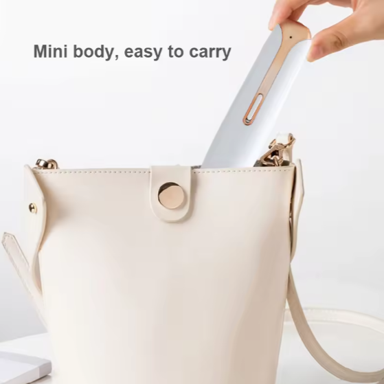 Beige handbag with a hand holding it, text 'Mini body, easy to carry' on a white background Hair trimmer
