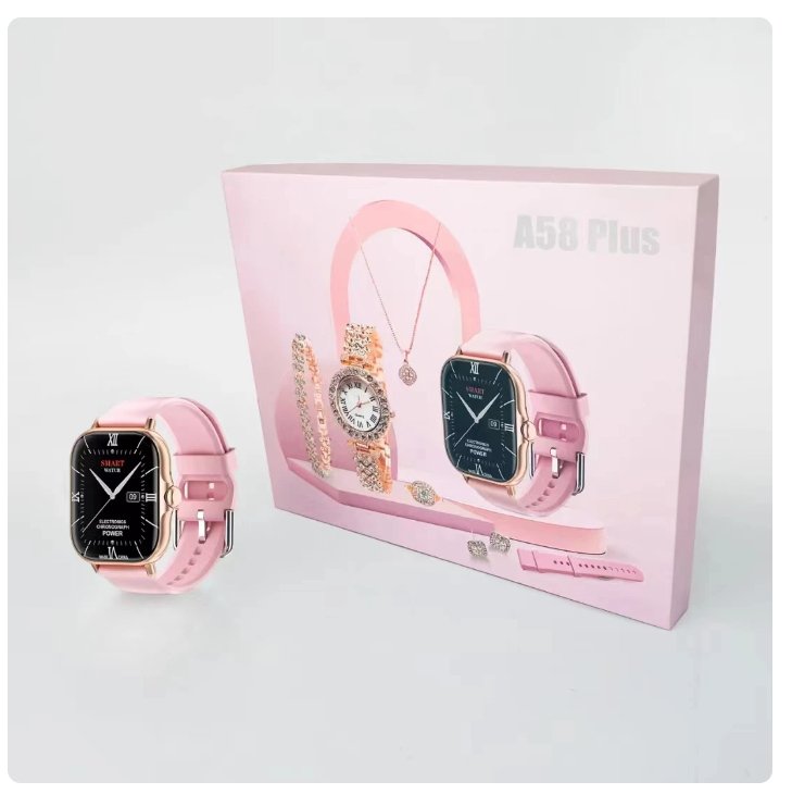 Pink smartwatch and jewelry set with packaging on a white background
