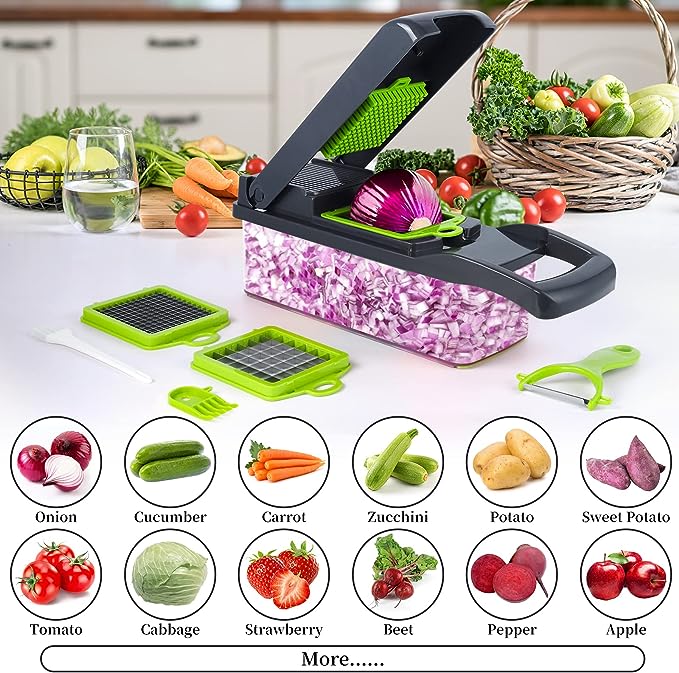 Multifunctional vegetable chopper with various attachments on a kitchen counter.