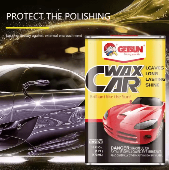 Geisun Wax Car product with a car and polishing process in the background