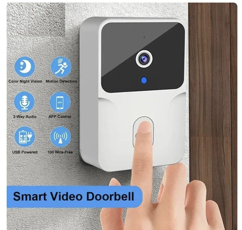 Smart video doorbell with finger pressing button on a wooden door