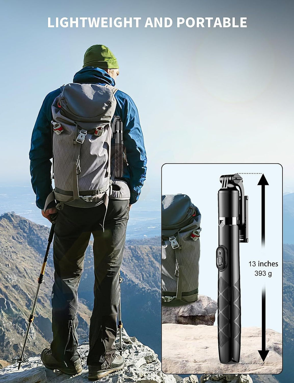 Person with a backpack on a mountain top, with a close-up of a portable hiking device showing its size.