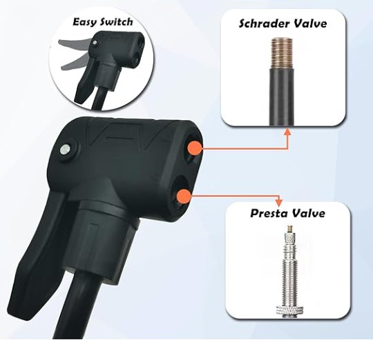 Black air pump with Schrader and Presta valve illustrations on a light blue background car, cycle bike tyre