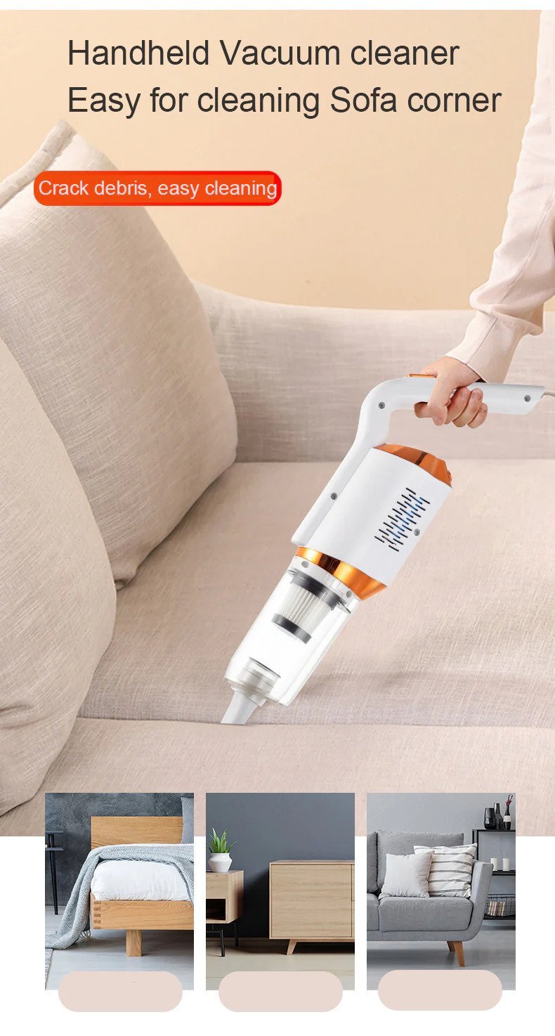 Handheld vacuum cleaner being used to clean a sofa corner with text indicating ease of use of home.