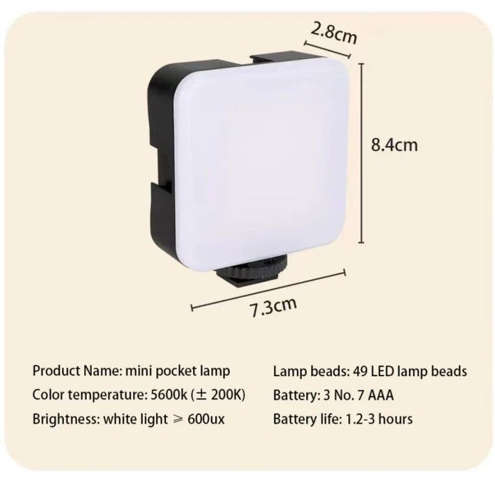 Mini pocket lamp with dimensions and technical specifications on a beige background