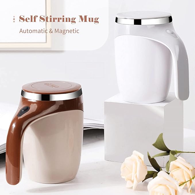 Self-stirring mug For Kitchen with brown handle and white body on a light background