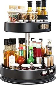 Black旋转厨房调料架，上面放着各种调料瓶