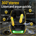 Black and yellow toy car seat with sound effects text on a dark background