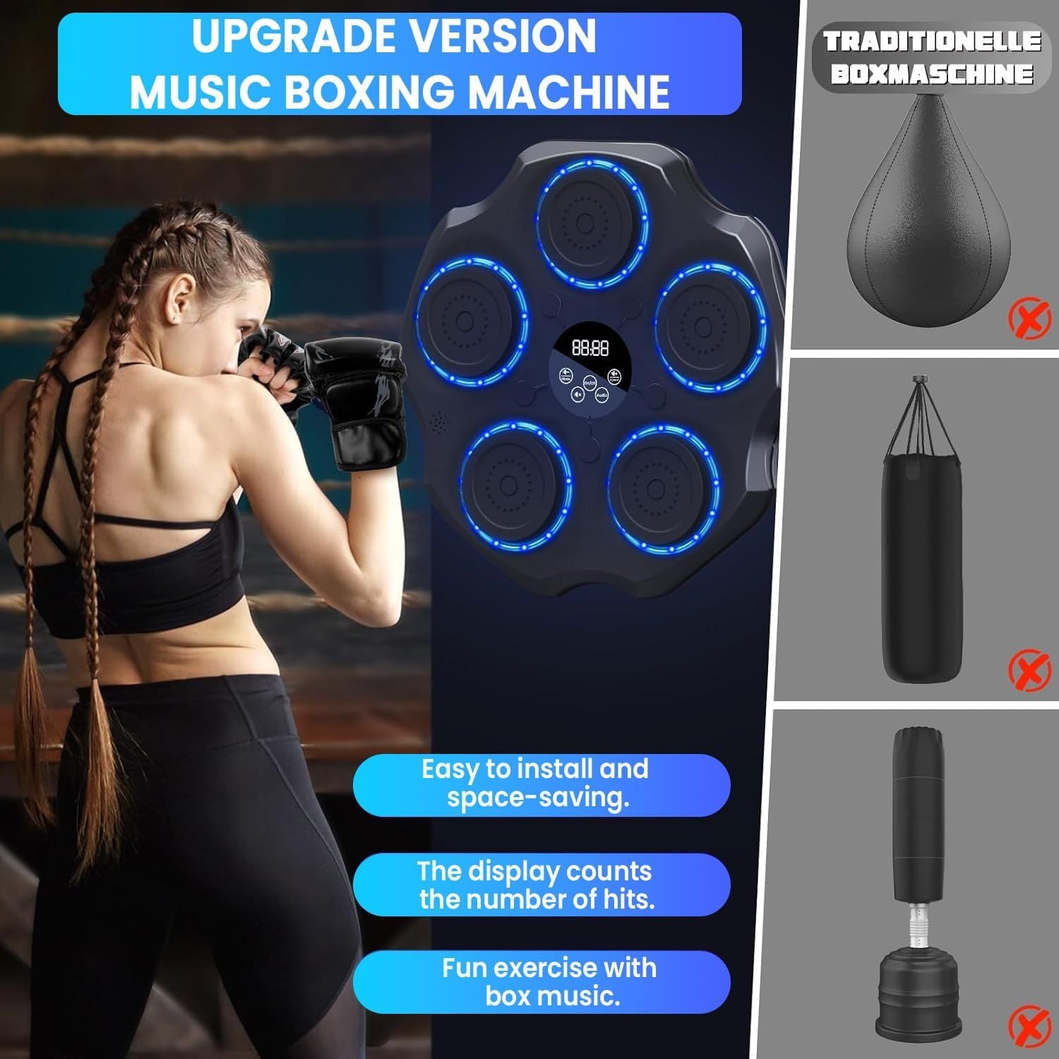 Music boxing machine with digital display and text highlighting features, next to a traditional punching bag.