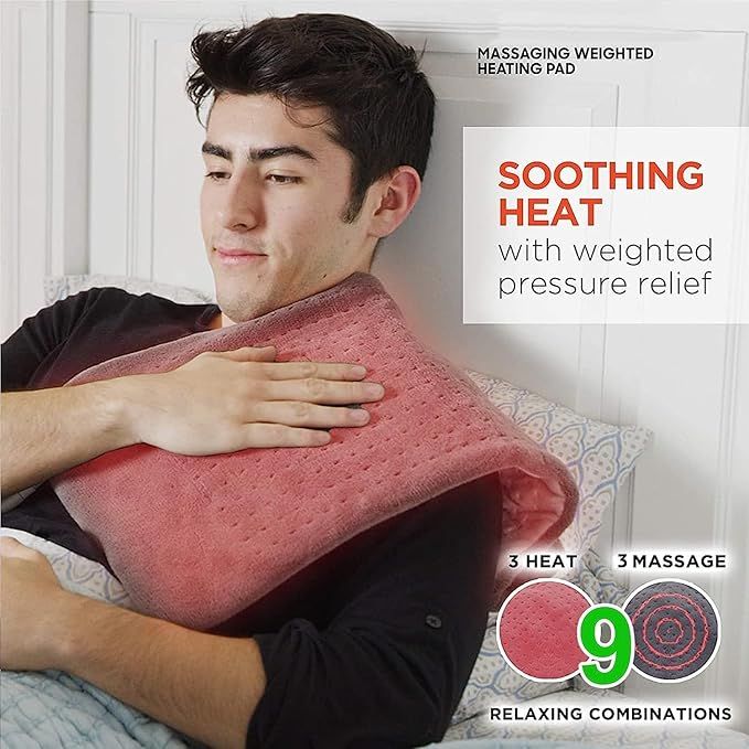 Man using a pink heating pad with text about soothing heat and weighted pressure relief.