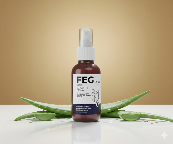 FEG plus hair growth spray bottle with aloe vera leaves on a beige background