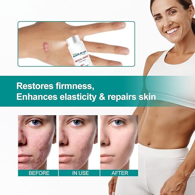 Advertisement for a skin care product  for health showing before, during, and after effects on a woman's body and face.