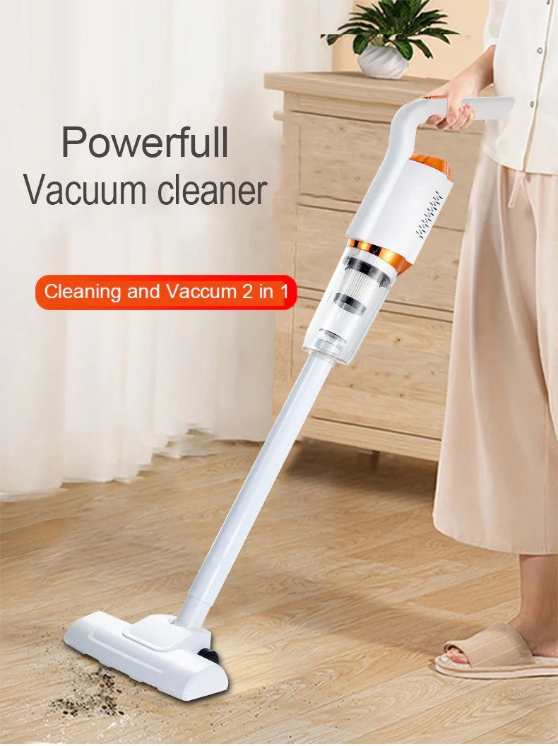 Person using a powerful vacuum cleaner on a wooden floor of home with text indicating it's a 2-in-1 cleaning device.